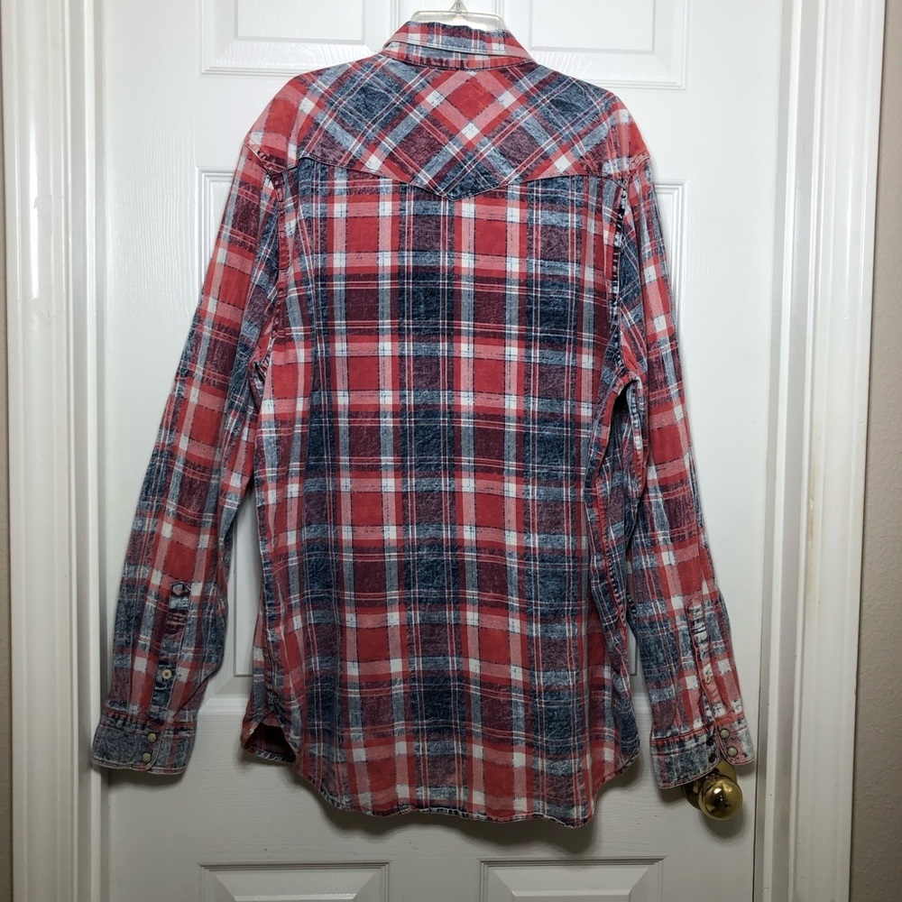 Lucky Brand Washed & Worn Cotton Red White Blue Pearl Snap Plaid Shirt  L - Picture 7 of 15